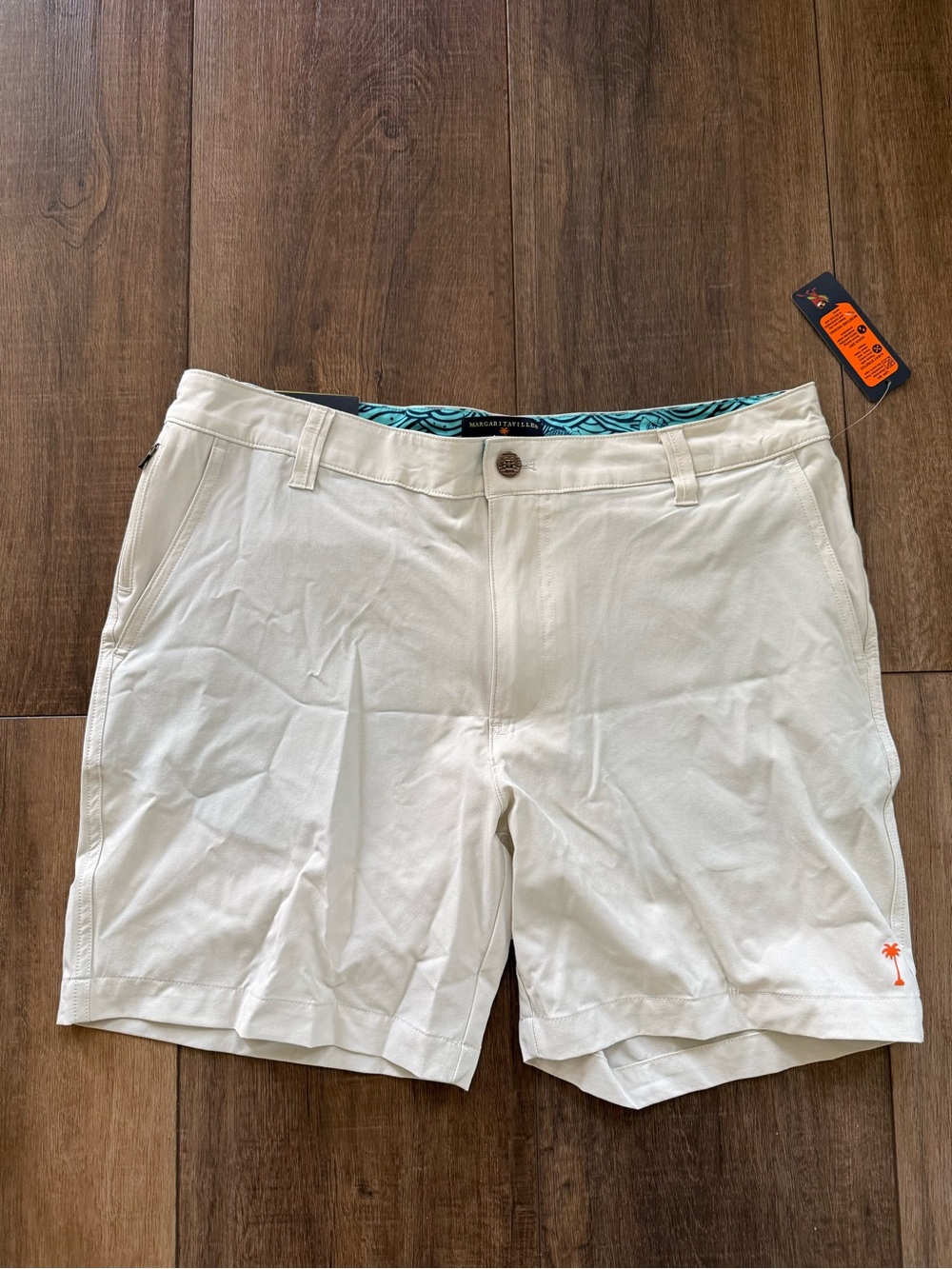 Margaritaville men’s flat front shorts 34” waist 7” inseam light tan beige new